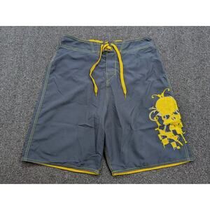 Joe Boxer Men's Board Shorts Gray Yellow Skull Graphic Swim Trunks Size Medium